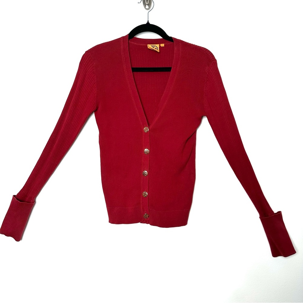 Tory Burch Simone Burgundy Quiet Luxury Ribbed Knit Rolled Cuff V-Neck Cardigan
